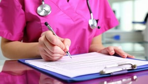 nurse in pink scrubs signing doc