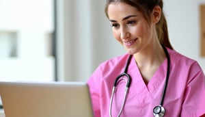pink scrub nurse looking at laptop-3