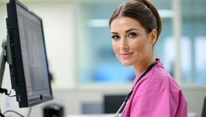 pink uniform nurse looking at computer