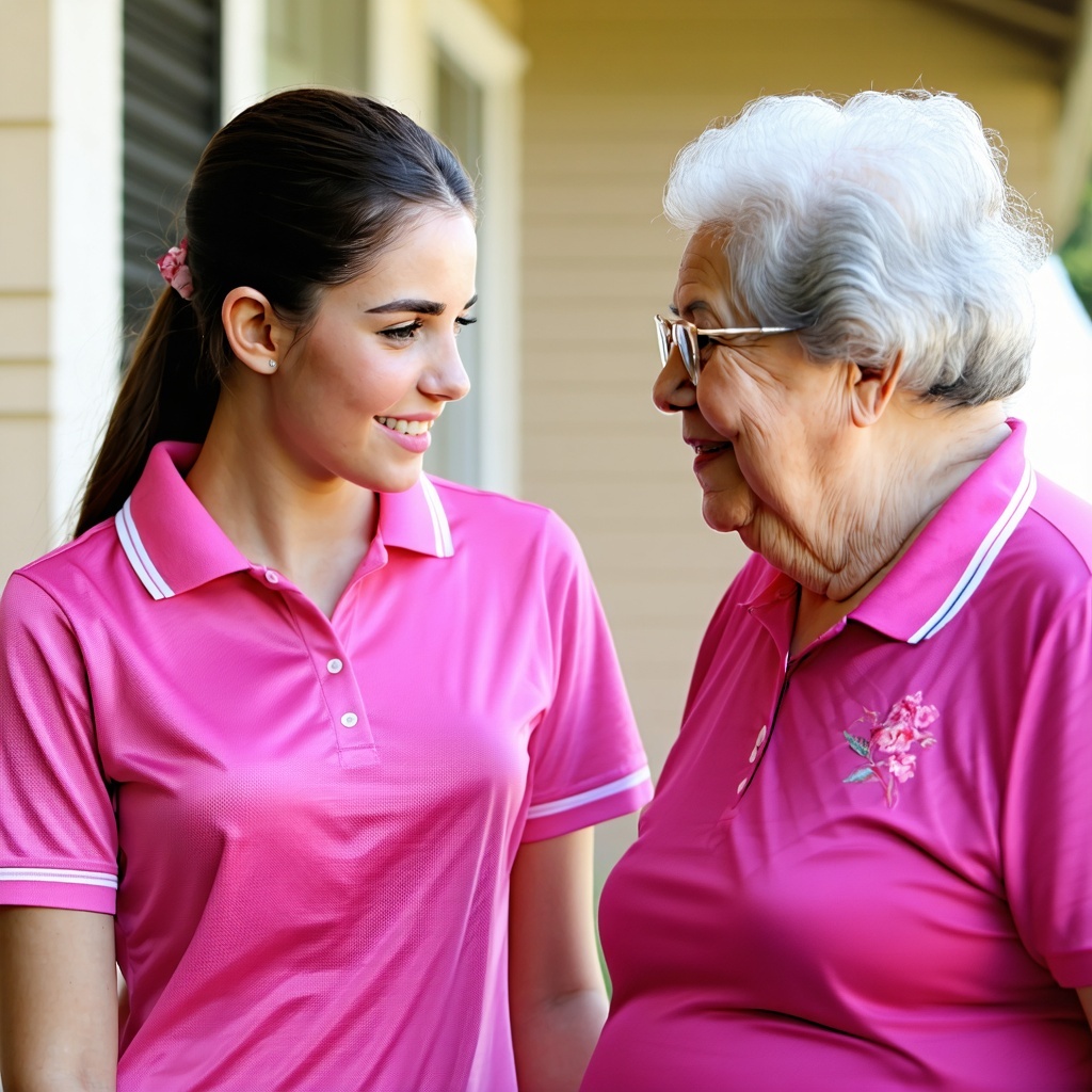 aged care worker in pink polo with aged care resident documentary style looking at eachother-1