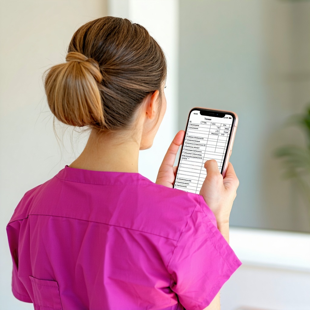 back shot of nurse wearing pink scrubs completing timesheet on phone